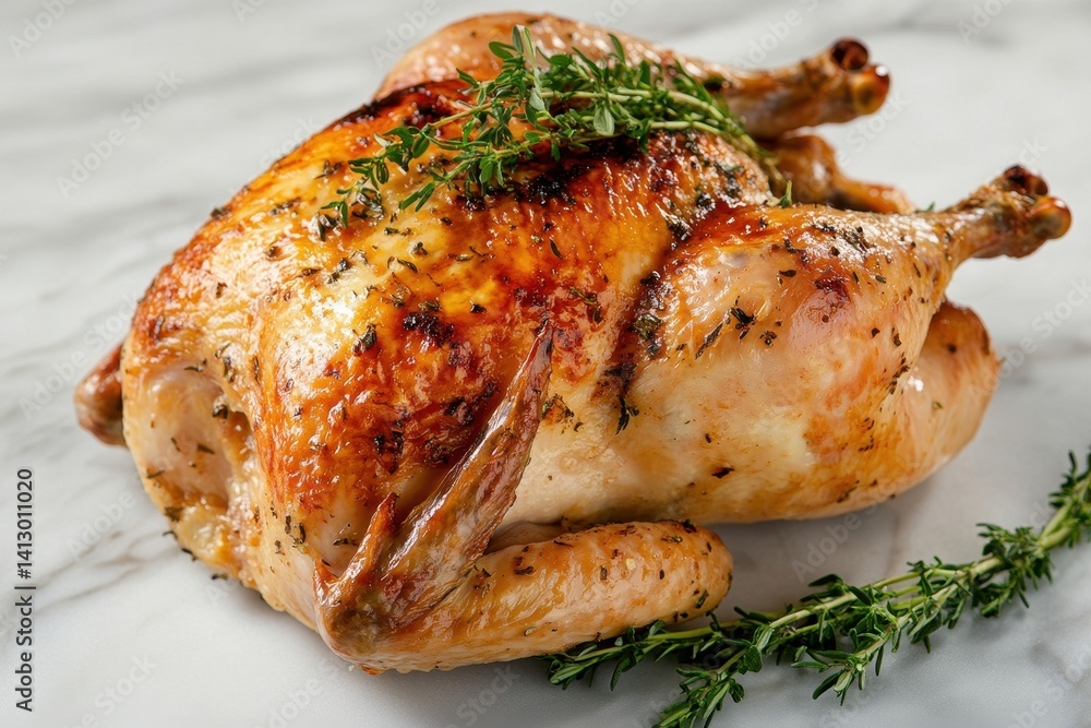 Gourmet Herb Crusted Roasted Chicken with Golden Crispy Skin on Marble Surface Perfect for Fine Dining and Culinary Photography