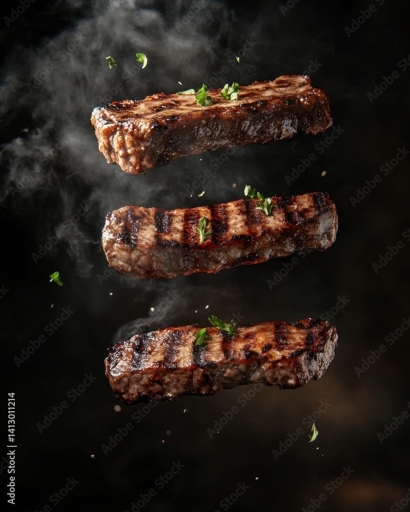 Gourmet BBQ Platter with Sizzling Steaks and Smoky Char Marks Floating in Dramatic Light for Food Photography