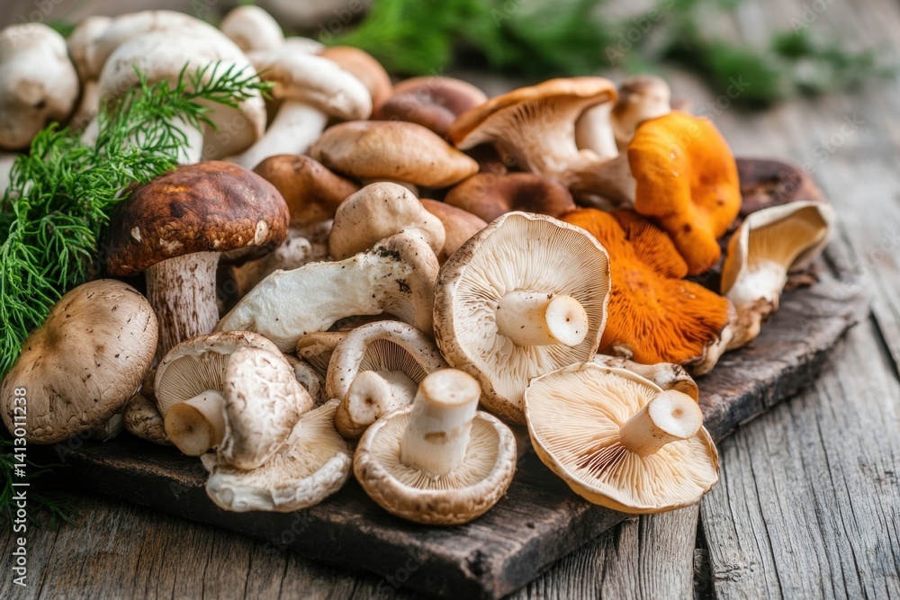 Gourmet Wild Mushroom Collection Fresh Organic Varieties on Rustic Wooden Surface Natural Food Photography Culinary Ingredients