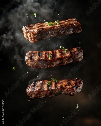 Obraz na płótnie Gourmet BBQ Platter with Sizzling Steaks and Smoky Char Marks Floating in Dramatic Light for Food Photography w salonie