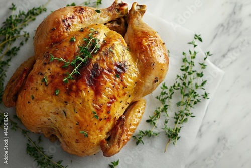 Obraz na płótnie Gourmet Herb Crusted Roasted Chicken with Golden Crispy Skin on Marble Surface Perfect for Fine Dining and Culinary Photography w salonie