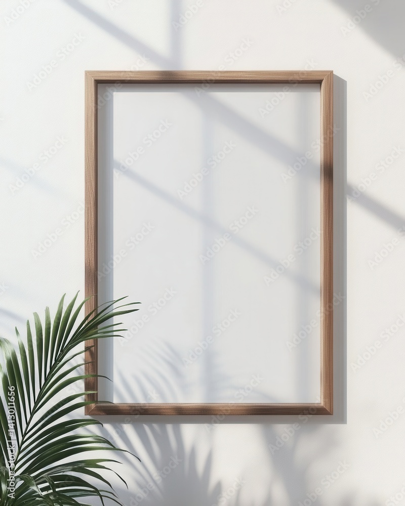 Minimalist Gallery Wall Display with Natural Wood Frames and Lush Botanical Elements Against Pure White Interior