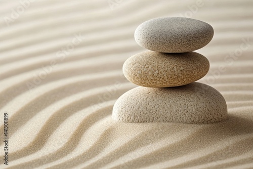 Obraz na płótnie Minimalist Wellness and Meditation Background with Stacked Balance Stones on Rippled Sand Creating Peaceful Zen Garden Atmosphere w salonie