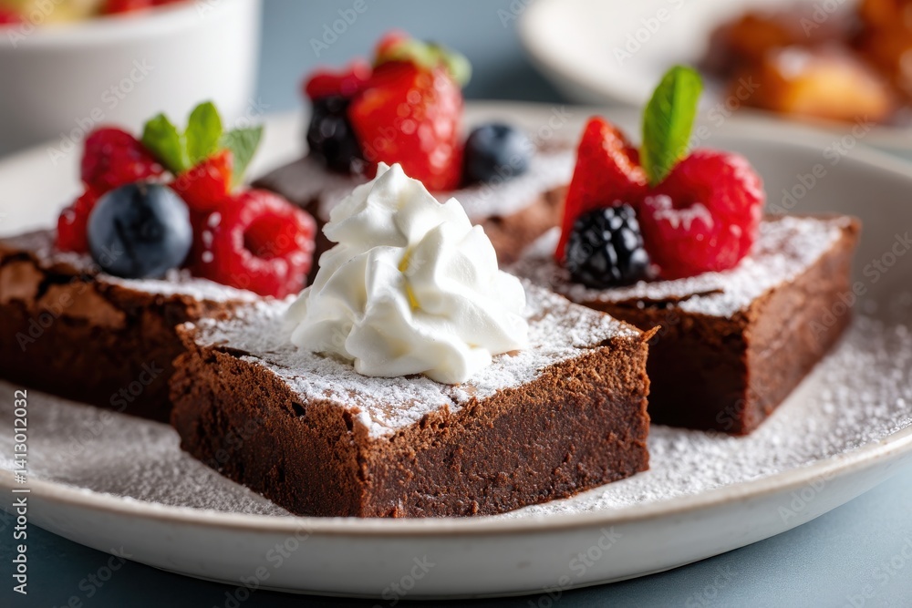 Delicious Chocolate Brownies with Berries and Whipped Cream Toppings Delicious Chocolate Brownies with Berries and Whipped Cream Toppings