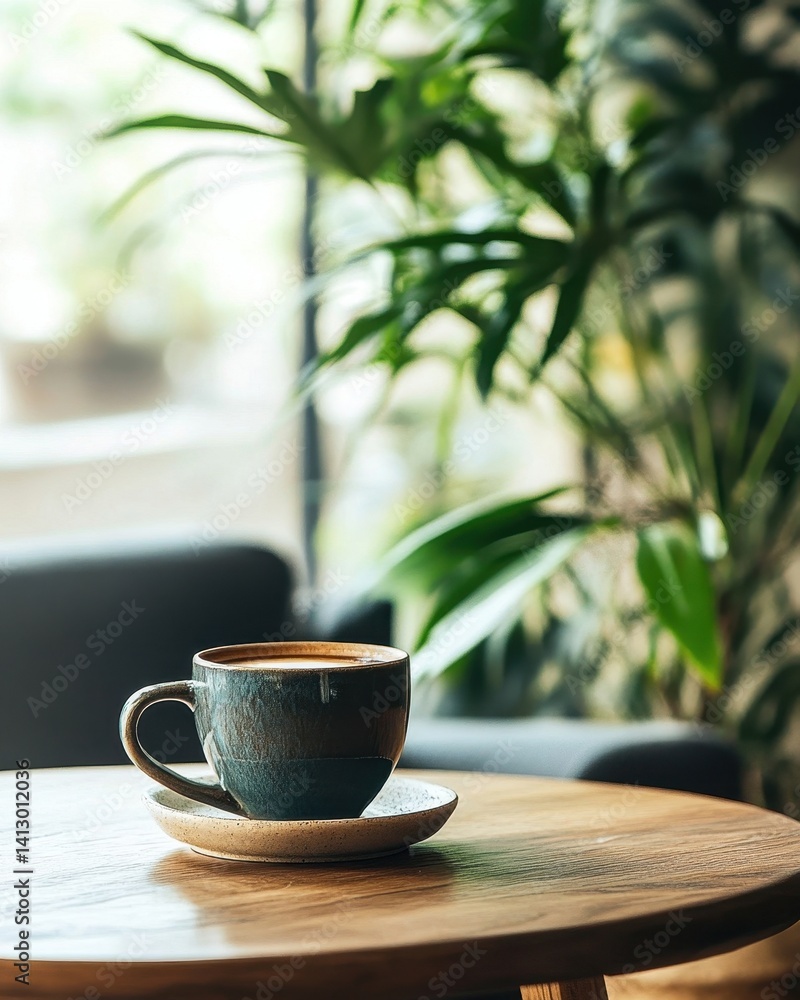 Modern Cozy Home Interior with Coffee Break Setup Featuring Minimalist Furniture and Natural Elements