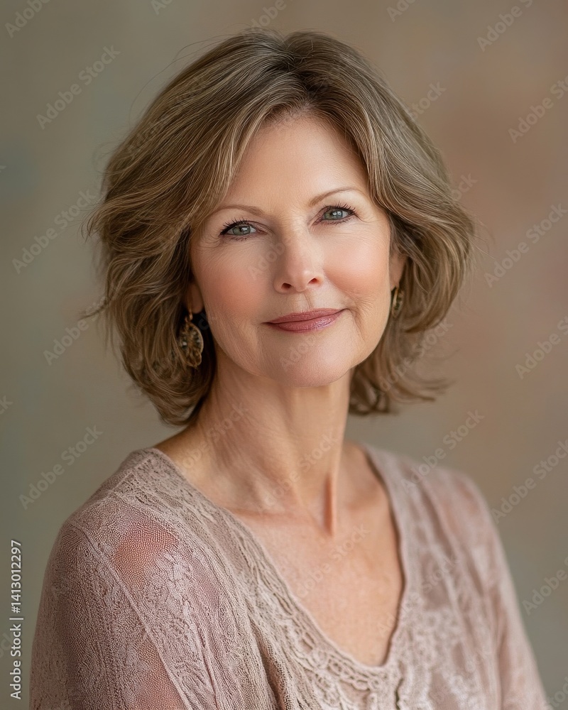 Natural Beauty Portrait of Elegant Middle-Aged Woman with Glowing Skin Demonstrating Anti-Aging Skincare Results in Soft Natural Light
