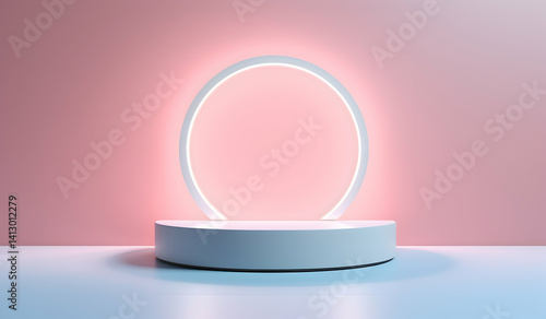 3D render of a minimalistic podium with a glowing circle on a pastel background, with soft lighting and soft shadows.