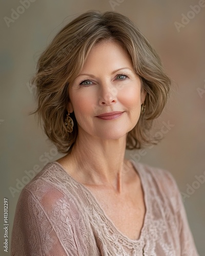 Obraz na płótnie Natural Beauty Portrait of Elegant Middle-Aged Woman with Glowing Skin Demonstrating Anti-Aging Skincare Results in Soft Natural Light w salonie