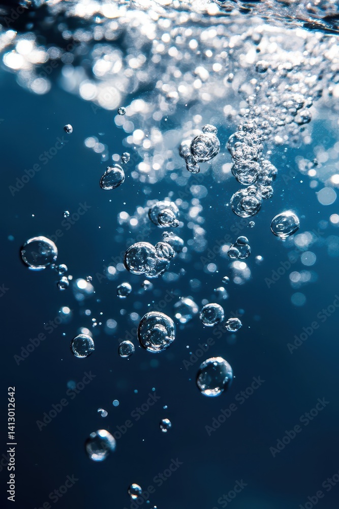 Pristine Natural Spring Water with Rising Oxygen Bubbles Against Azure Background in Macro Photography Style