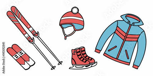 Winter Sports Gear Cartoon Illustration: Skis, Ice Skates, Hat, Jacket