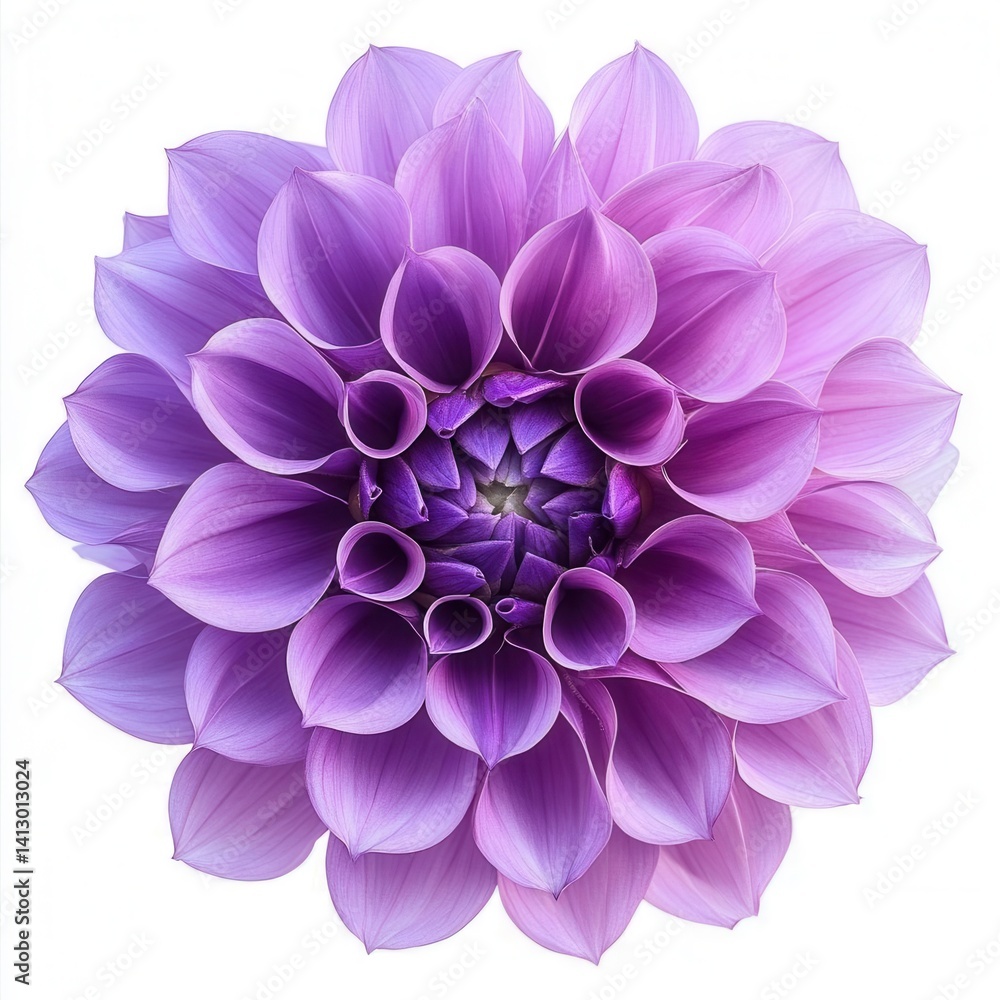 Purple Dahlia Flower Macro Photography with Delicate Petals and Detailed Texture on Clean White Studio Background Perfect for Design Projects and Botanical Art