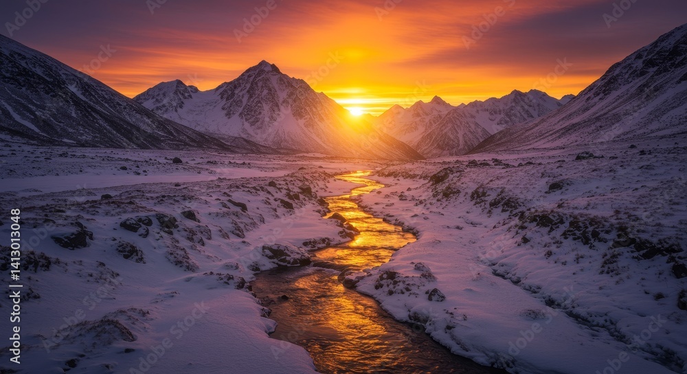 Obraz premium Majestic Sunset Over Snowy Mountains and River - Breathtaking view of a vibrant sunset casting a golden glow over a snow-covered river winding through a majestic mountain range