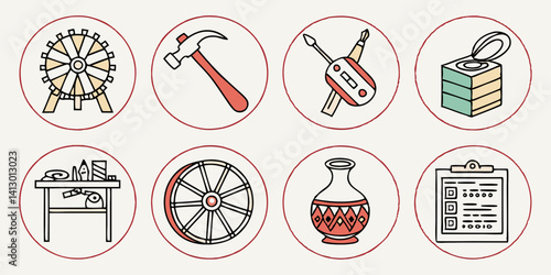 Craft Hobby Line Art Icons Ferris Wheel Hammer Vase Tools Checklist