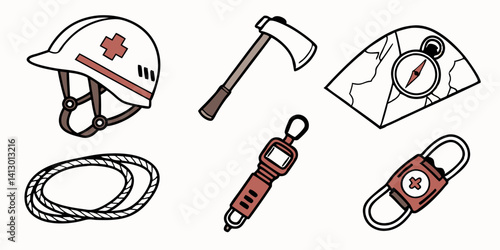 Cartoon Vector Illustration of Rescue and Survival Gear: Helmet, Axe, Map, Compass, Rope, Ascender, Carabiner