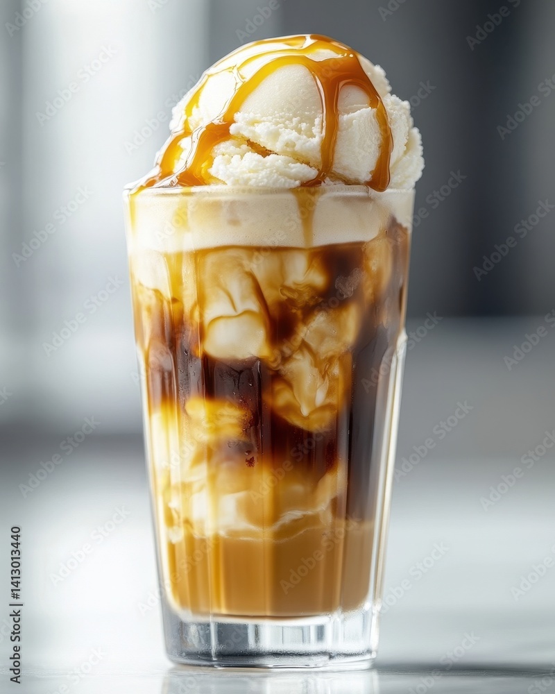 Refreshing Iced Coffee Float with Vanilla Ice Cream and Caramel Drizzle on Minimalist Background