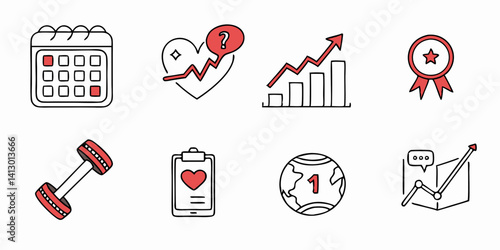 Health Fitness Progress Tracking Goals Achievement Red Line Art Icon Set