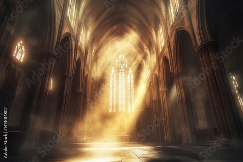 Sacred Ancient Stone Church Interior with Divine Light Rays Illuminating Through Stained Glass Windows at Dawn