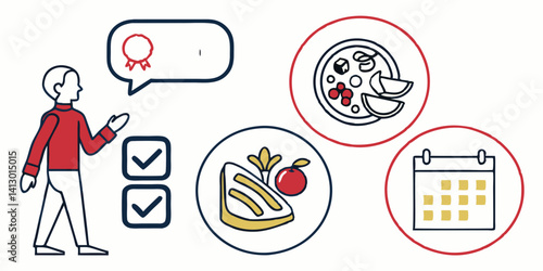 Man with Checklist, Medal, Food & Calendar Icons Line Art Vector Illustration