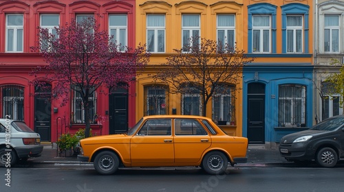 Vibrant row of colorful buildings with an orange car parked on the street