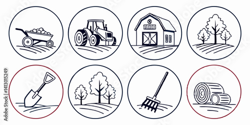 Farm Agriculture Icons Vector | Line Art Barn Tractor Shovel Rake Hay Bales Wheelbarrow