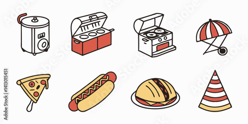 Food and Party Isometric Icons Rice Cooker Hot Dog Warmer Oven Umbrella Pizza Hot Dog Sandwich Party Hat in Line Art