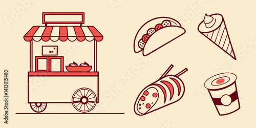 Cartoon Street Food Cart with Taco Ice Cream Cannoli and Yogurt Vector Art