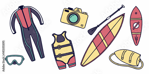 Beach Water Sports Equipment Cartoon: Wetsuit, Surfboard, Camera
