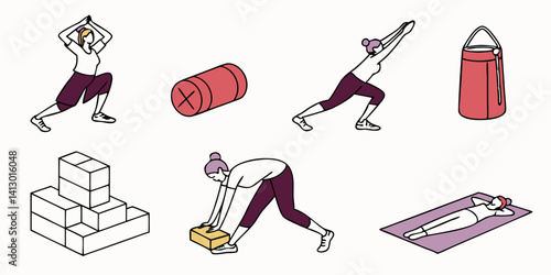 Yoga Poses and Equipment Illustrations: Blocks, Bolster, Mat, Bag for Exercise and Wellness