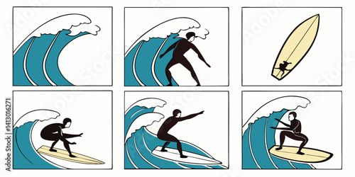 Cartoon Surfing Wave Riding Sequence Illustration