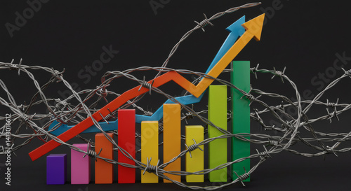 Colorful graphs wrapped in barbed wire, illustrating financial and economic challenges.
