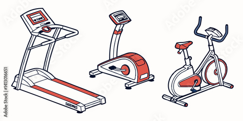 Gym Fitness Equipment Treadmill Elliptical Stationary Bike Line Art Illustration