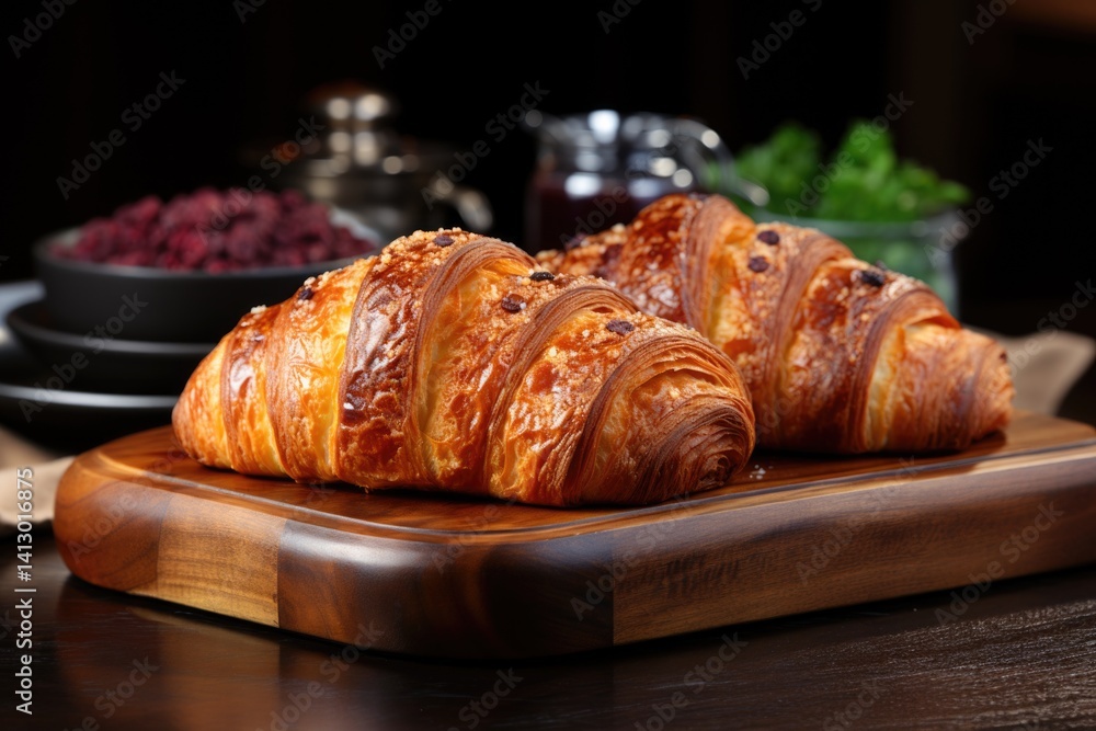 Close-up of golden brown croissants with sugar crystals and chocolate chips, served on a wooden cutting board