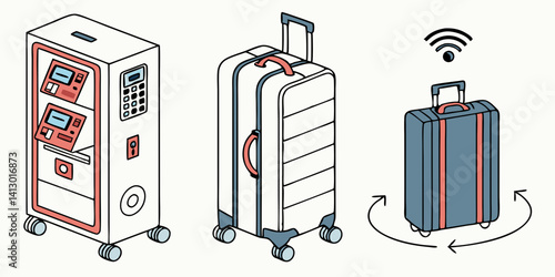 Isometric Cartoon: Smart Wifi Suitcase and Self-Service Kiosk
