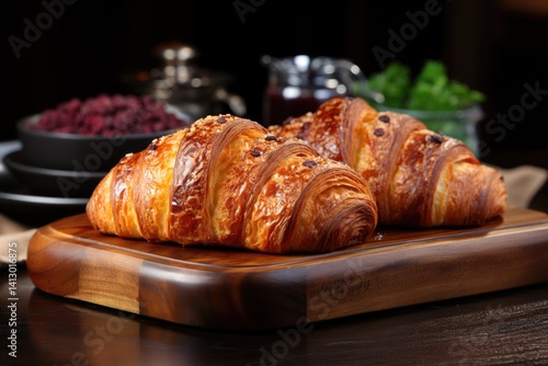 Obraz na płótnie Close-up of golden brown croissants with sugar crystals and chocolate chips, served on a wooden cutting board w salonie