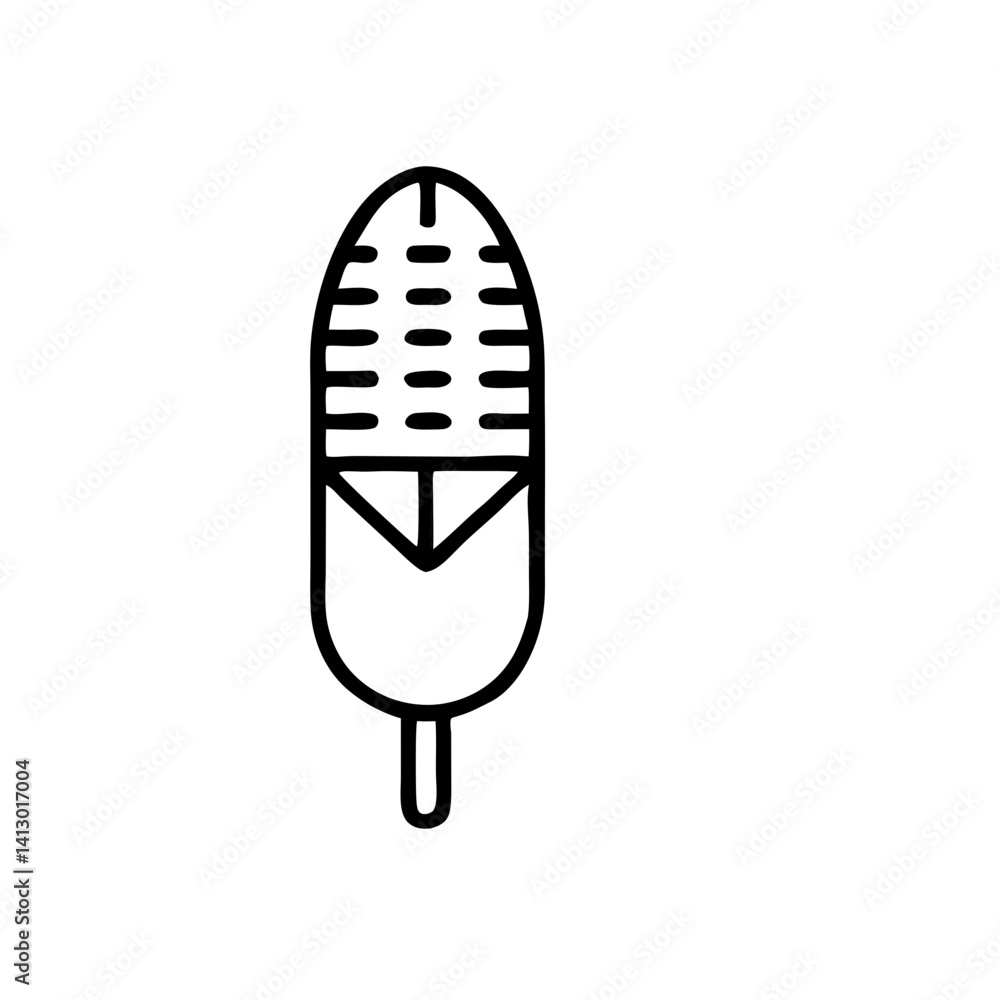 A simple line drawing of an ear of corn, representing harvest bounty and rustic charm with bold black lines on a white background. A simple line drawing of an ear of corn, representing harvest bounty and rustic charm with bold black lines on a white background.