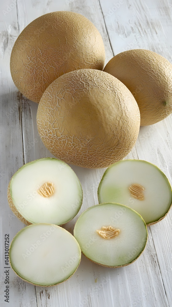 Sweet Honeydew Melon Slices and Whole Melons on White Wooden Background Sweet Honeydew Melon Slices and Whole Melons on White Wooden Background