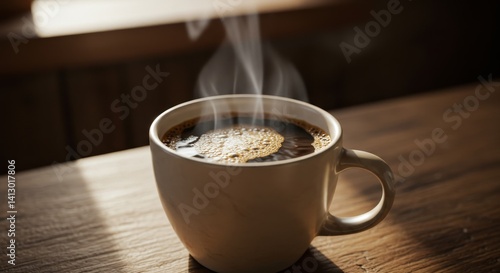 Morning Coffee Steam and Sunlight - A steaming cup of coffee sits on a wooden table, bathed in warm sunlight. This symbolizes warmth, comfort, energy, morning routine, and relaxation