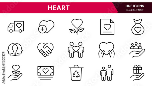 Vector illustration web line icon collection centered on heart symbols, expressing love, health, care, romance, emotion, cardiology, heartbeat, passion, and affection in design.