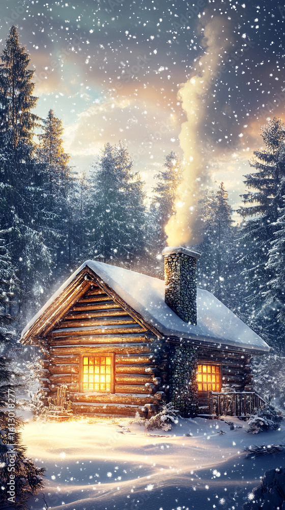 Serene snowscape, A cozy log cabin glows amidst frosted trees and gentle snowfall serenity Serene snowscape, A cozy log cabin glows amidst frosted trees and gentle snowfall serenity