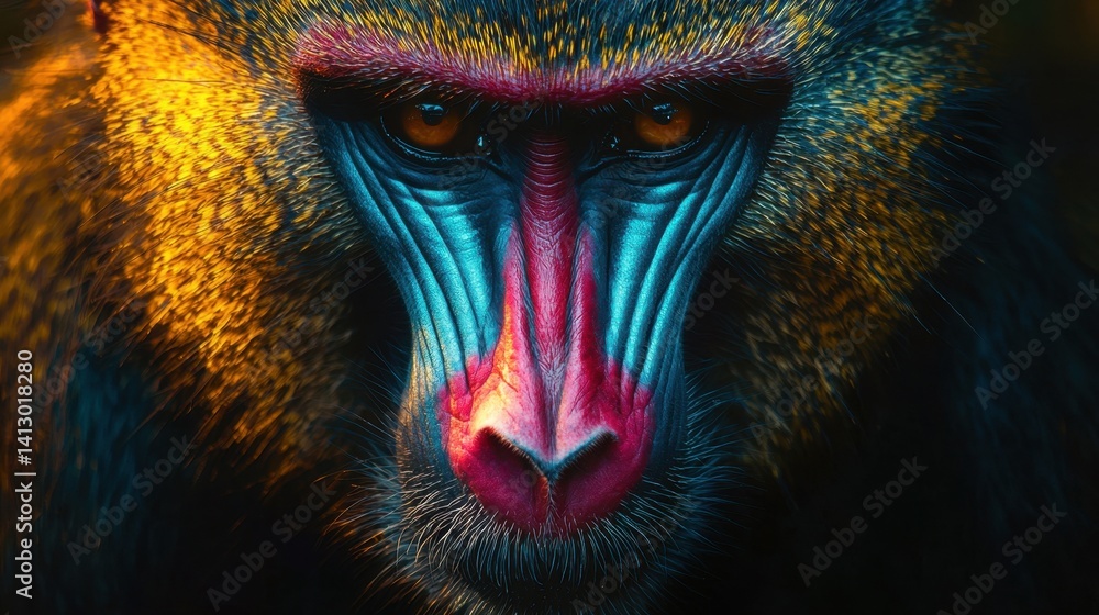 Fototapeta premium A baboon displays striking facial colors and intricate textures, showcasing its expressive eyes and vivid markings