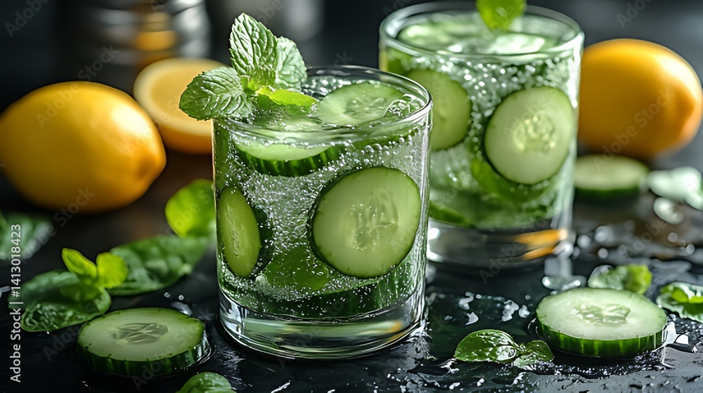 Sparkling Cucumber Mint Drink, Refreshing Summer Beverage, Dark Background, Recipe Sparkling Cucumber Mint Drink, Refreshing Summer Beverage, Dark Background, Recipe