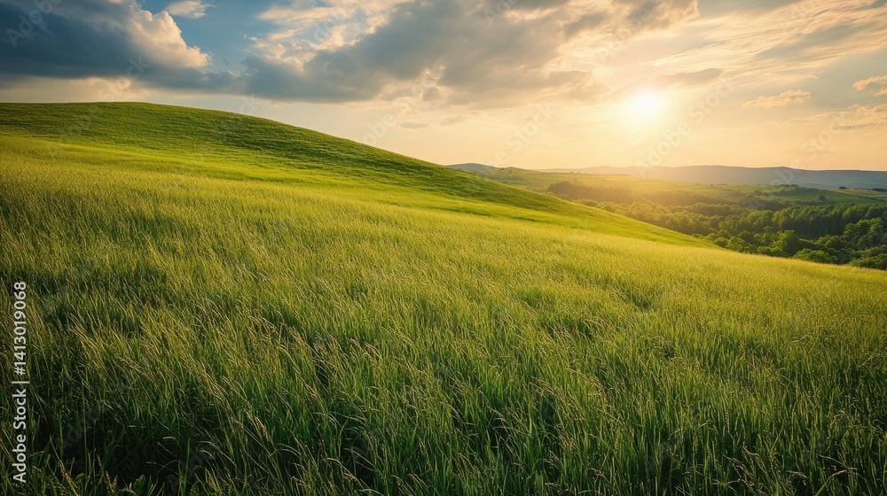 Tranquil Rolling Hills Meadow Landscape with Tall Green Grass Swaying in Summer Breeze Under Clear Blue Sky Perfect for Environmental Themes