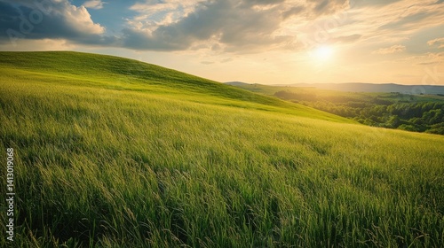 Obraz na płótnie Tranquil Rolling Hills Meadow Landscape with Tall Green Grass Swaying in Summer Breeze Under Clear Blue Sky Perfect for Environmental Themes w salonie