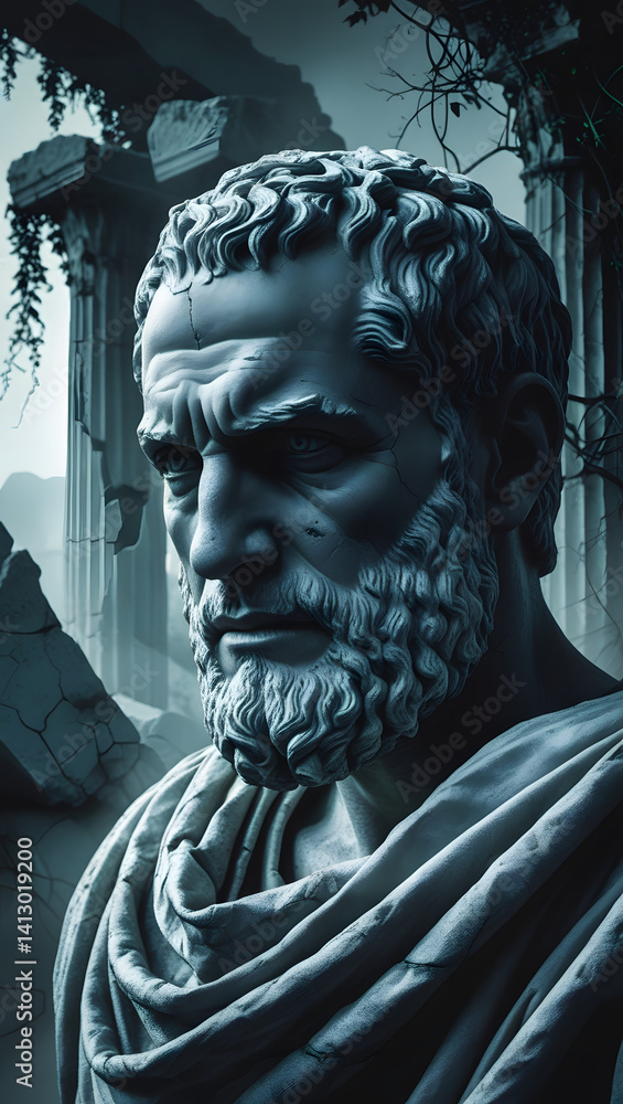Obraz premium Epic Marble Sculpture of Stoic Thinker – Ruined Columns and Greek Aesthetics