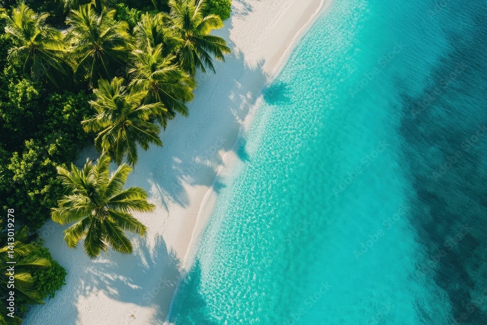 Tropical Paradise Beach with Crystal Clear Turquoise Water White Sand and Palm Trees Perfect for Travel and Vacation Marketing