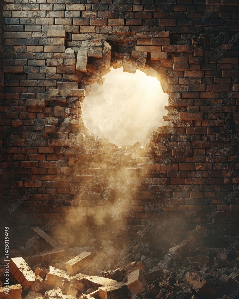 Urban Decay Breakthrough Dramatic Light Streaming Through Large Circular Hole in Abandoned Industrial Brick Wall Architecture Detail