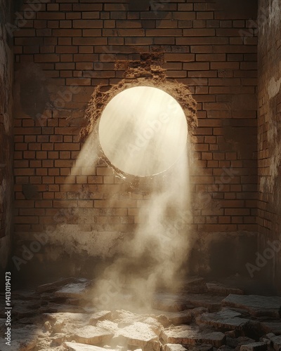 Obraz na płótnie Urban Decay Breakthrough Dramatic Light Streaming Through Large Circular Hole in Abandoned Industrial Brick Wall Architecture Detail w salonie