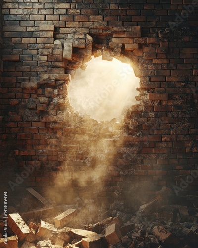 Obraz na płótnie Urban Decay Breakthrough Dramatic Light Streaming Through Large Circular Hole in Abandoned Industrial Brick Wall Architecture Detail w salonie