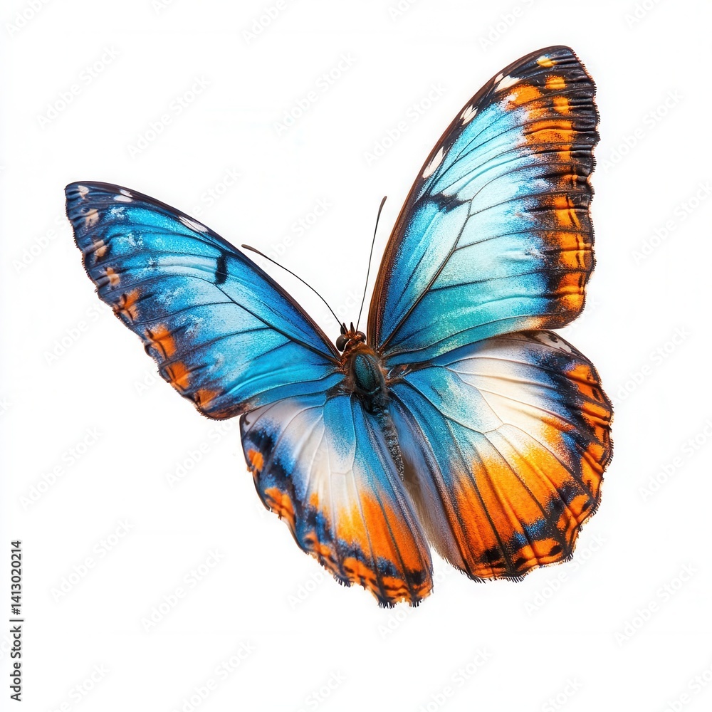Vibrant Blue and Orange Butterfly in Graceful Flight Against Pure White Background