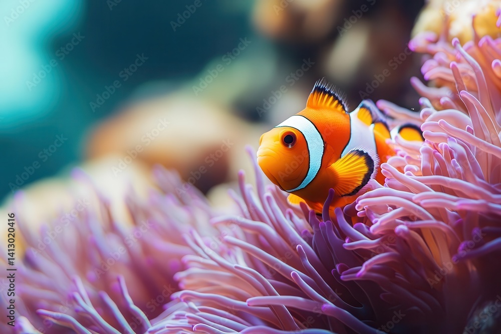 Vibrant Pacific Reef Life With Neon Orange Clownfish Dancing Among Purple Anemone Tentacles
